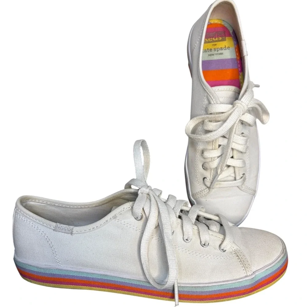 Kate Spade X Keds Colab‎ White Rainbow Platform Sneakers Canvas Women's Size 7.5